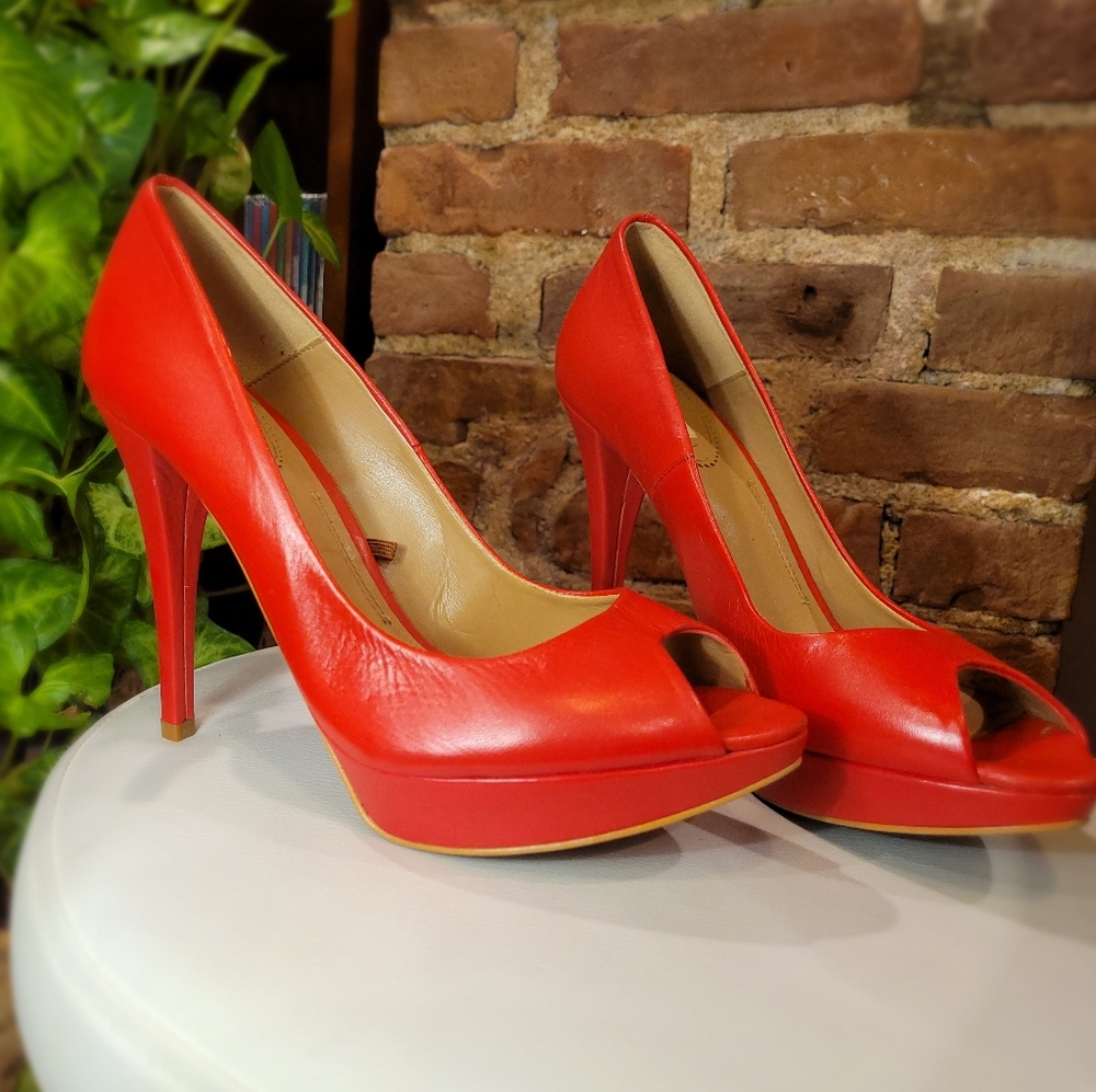 Zara, red leather peep toe platform 8.5 heal